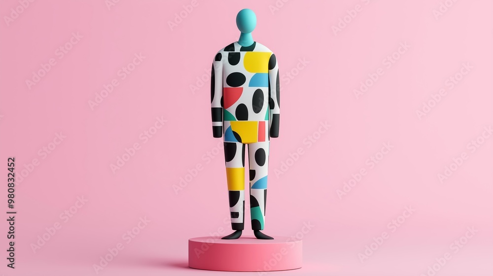 Poster modern minimalist tablecloth character with geometric patterns and a confident pose, isolated on a p