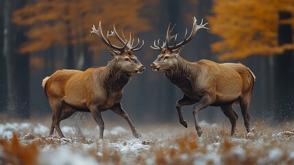 Two red deer stags with large antlers face each other in a snowy forest clearing.