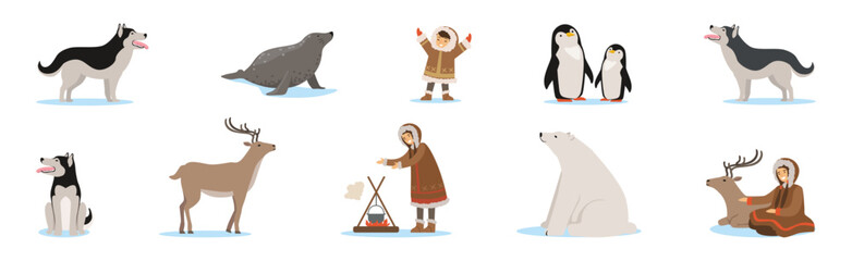 Eskimo Characters in Traditional Clothing and Animal as Life in the Far North Vector Set