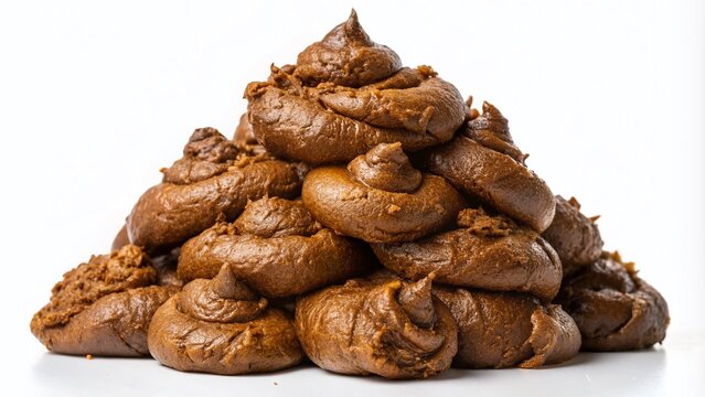 Brown pile of feces on a white background, showcasing the unappealing texture and irregular shape of human waste