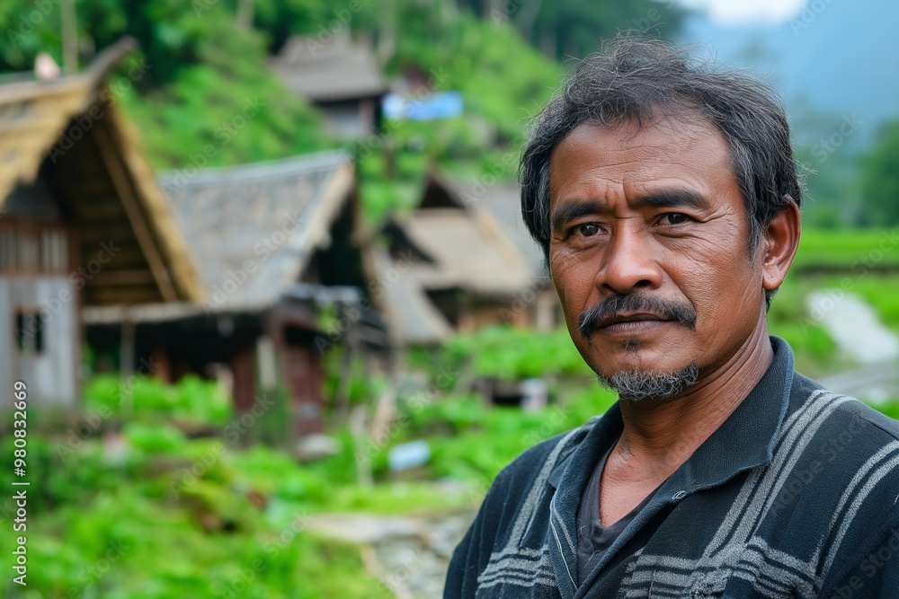 Poster a man with a beard and mustache stands in front of a house. the house is surrounded by a lush green 