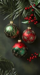 Elegant Christmas ornaments hanging among green leaves and red berries for a festive holiday touch