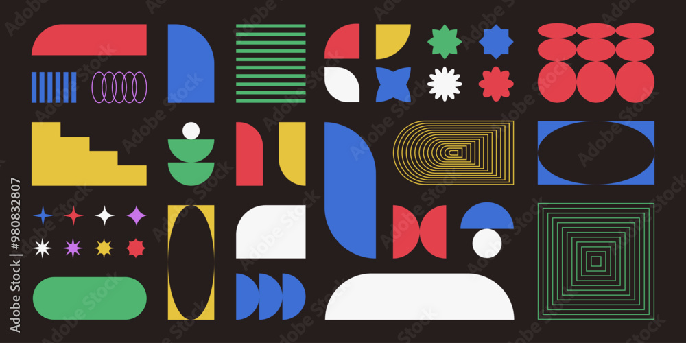 Poster abstract shape set with brutalist forms and basic figures. geometric stickers in retro style. design