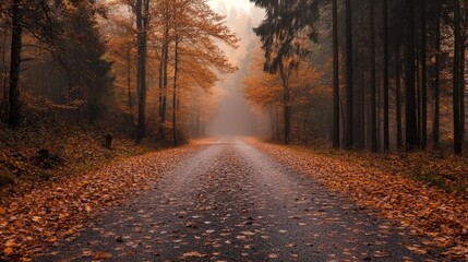 Fototapeta premium Show an empty, leaf-covered road leading through a misty autumn forest, with a single path stretching into the distance, evoking a sense of solitude and introspection.