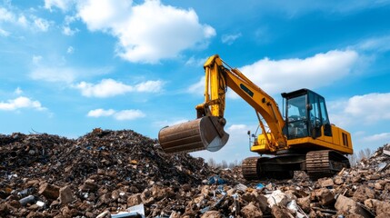 Fototapeta premium Open-air section of a recycling plant with heavy machinery sorting and moving large metal scraps and electronic waste 