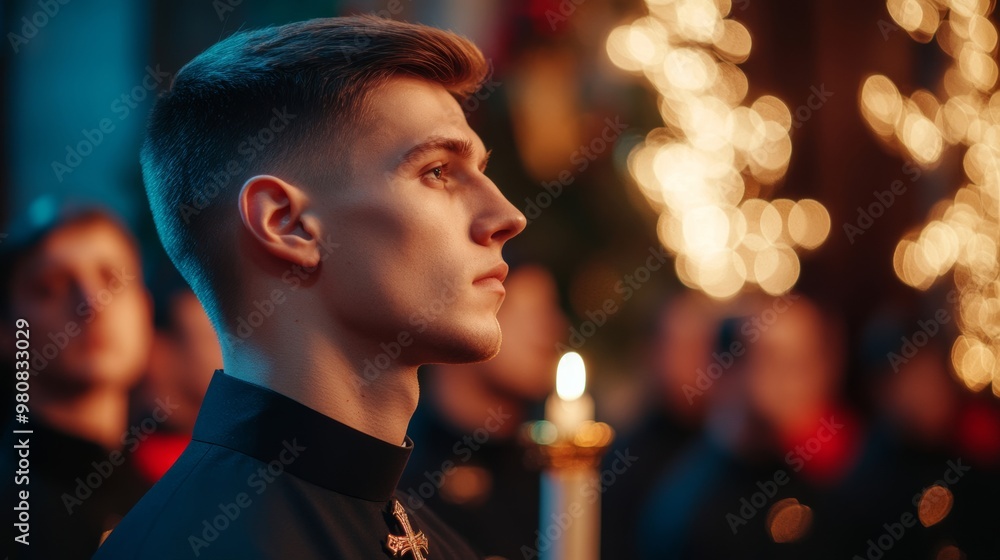 Poster Orthodox Christmas liturgy in a richly adorned church, incense filling the air, and a choir singing softly in the background 