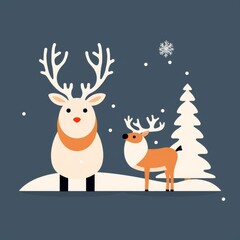 A minimalist holiday spirit scene with Santa's elk and a snowman. The elk has a majestic stance with its antlers standing out. The snowman is built with care, having a carrot nose.