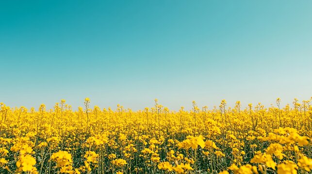 A large field of blooming mustard plants glowing in bright yellow

