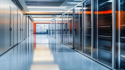 Modern data center with server racks, sleek high-tech environment with glass walls and reflective floors.