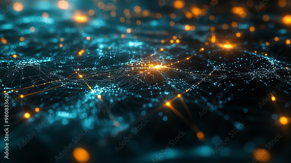 Poster glowing nodes interconnected by digital pathways in a virtual ai landscape