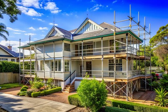 Charming Brisbane Queenslander house undergoes transformation with scaffolding and renovation work in progress,