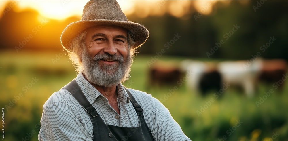 Poster a man wearing a straw hat and apron is smiling in a field with cows in the background