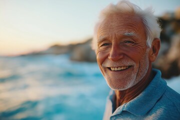 A man with a white beard and a blue shirt is smiling at the camera. He is standing on a beach with the ocean in the background