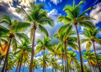 Obraz premium Vibrant palm trees with bright green and yellow trunks and leaves stand tall against a brilliant blue sky with white, puffy clouds drifting by.