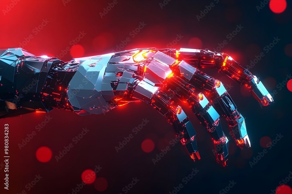 Poster robotic arm with futuristic hud background polygon robo hand concept of automatization and