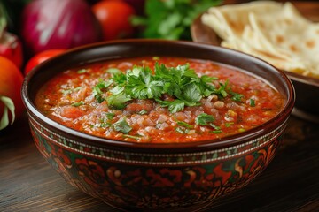 A bowl of red soup with green herbs on top. The bowl is on a wooden table. There are also some tomatoes and onions on the table
