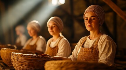 Fototapeta premium Pilgrim women weaving baskets and sewing clothing, with traditional tools and handmade textiles, natural light streaming in 