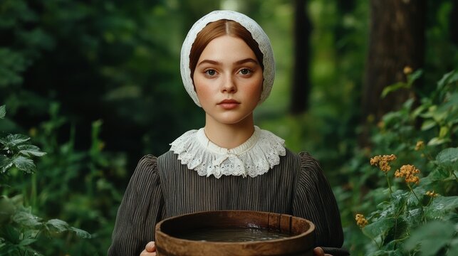 Pilgrim woman carrying water from a stream in a wooden bucket, wearing a bonnet and simple dress, surrounded by wild foliage 
