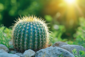 A small cactus is sitting on a rock in a field. The cactus is surrounded by green grass and rocks. Concept of tranquility and natural beauty