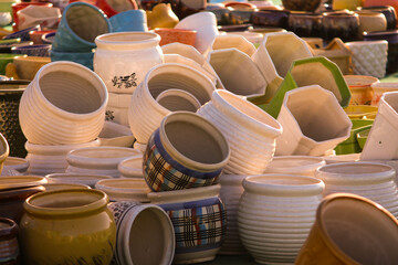 decorative pot, vase  Sculpture  Made with Earthen Mud, handcrafted traditional clay decoration toy in Indian market, Traditional Indian handmade Items of Earthenware Or Ceramic at a Vendor Stall, 