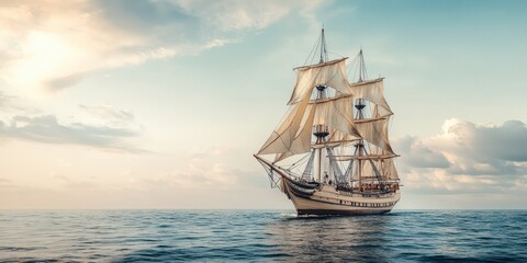 Obraz premium A majestic ship sailing gracefully across tranquil waters under a vast sky, capturing the essence of adventure and exploration.