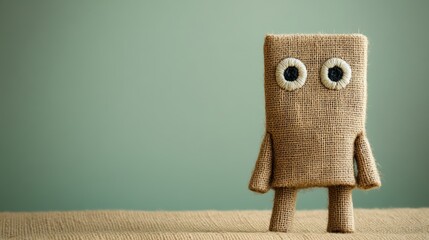 Rustic burlap tablecloth character with stitched eyes and patchwork detailing, standing on a pastel oatmeal background 