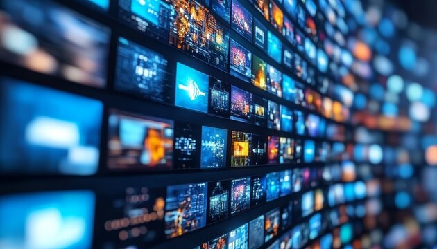 Digital Wall With Streaming Video Data, Abstract, Multimedia, Virtual Reality Technology