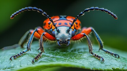 Fototapeta premium A close-up shot of a red and black beetle with long antennae, standing on a green leaf.