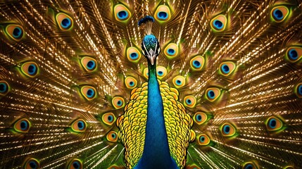 Obraz premium A peacock with its feathers spread in a fan.