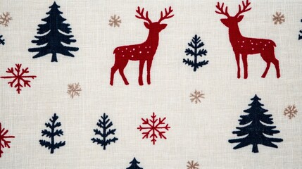 Rustic linen fabric with printed Nordic Christmas patterns, including red deer, fir trees, and snowflakes 