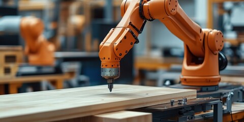 A robotic arm meticulously works on a piece of wood in a modern woodworking workshop, showcasing advanced automation technology.