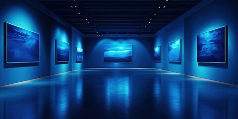 A serene art gallery showcasing blue-toned paintings, illuminated by soft lights for a tranquil viewing experience.