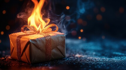 Gift box tied with an orange ribbon ablaze with fire.