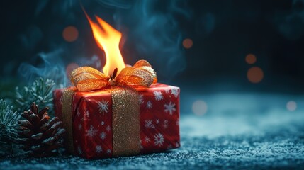 A festive gift box with a blazing fire at the top