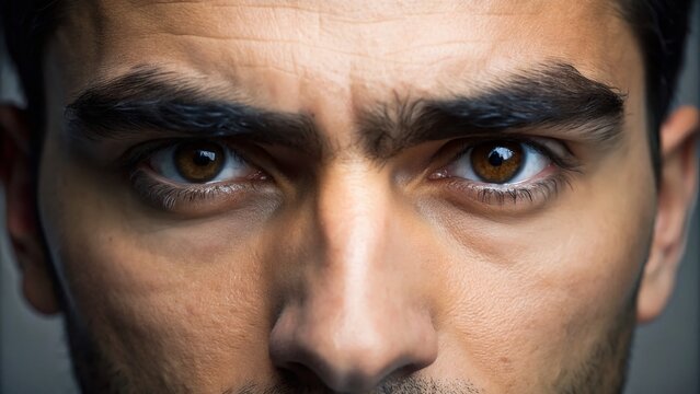 Close-up of a single, thick, dark eyebrow stretching across a person's forehead, creating a unified, expressive, and