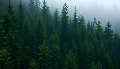 Fototapeta premium A dense forest of tall pine trees in various shades of green, with a misty, foggy background
