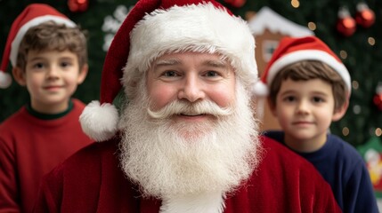 Santa Claus posing for a photo with children, in front of a festive backdrop with snow, elves, and a gingerbread house 
