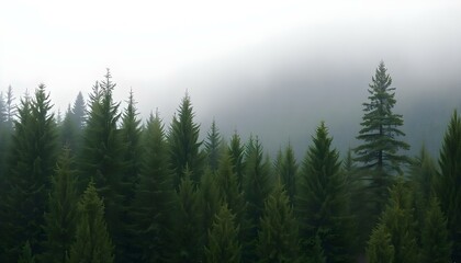 Fototapeta premium A dense forest of tall pine trees in various shades of green, with a misty, foggy background