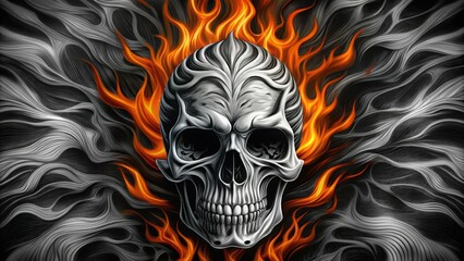 A Detailed Skull Surrounded by Fiery Orange Flames Against a Gray Swirling Background