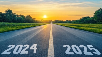 Sunrise on road transitioning from 2024 to 2025 year