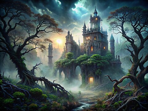 Ominous twilight castle ruins loom amidst twisted blackened trees, overgrown with vines, surrounded by a misty eerie fog, in a foreboding dark fantasy landscape.