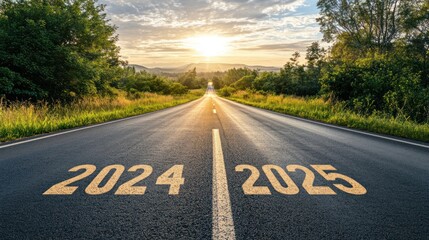 Naklejka premium Forked road with 2024 and 2025, symbolizing future paths.