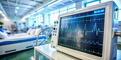 Fototapeta premium Close-up of heart monitor screen displaying abnormal electrocardiogram waveform, highlighting irregular fibrillation