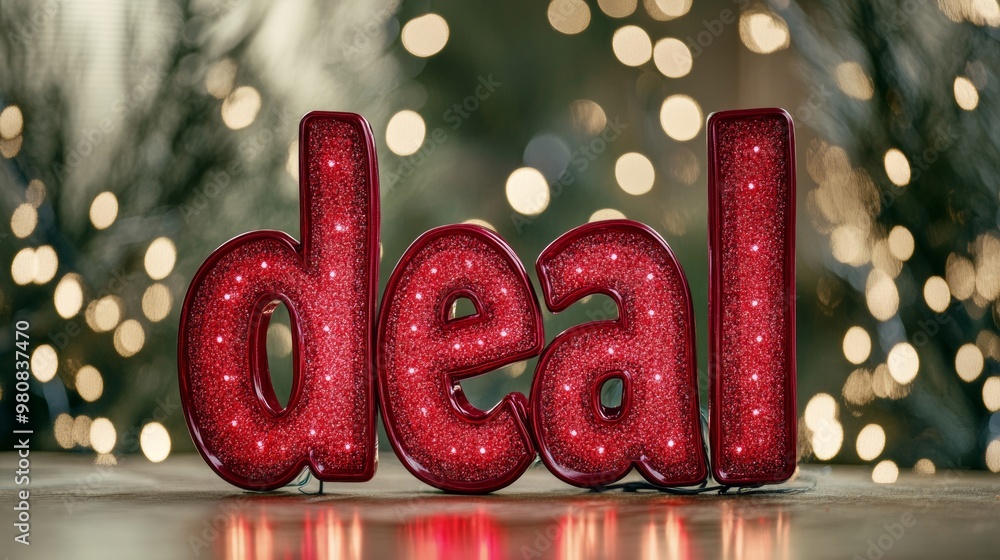 Poster shimmering word deal in metallic red against a background of softly glowing string lights