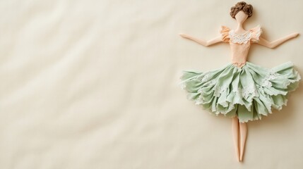 Shabby chic tablecloth character with soft pastel colors and lace trim, twirling on a pastel beige background 