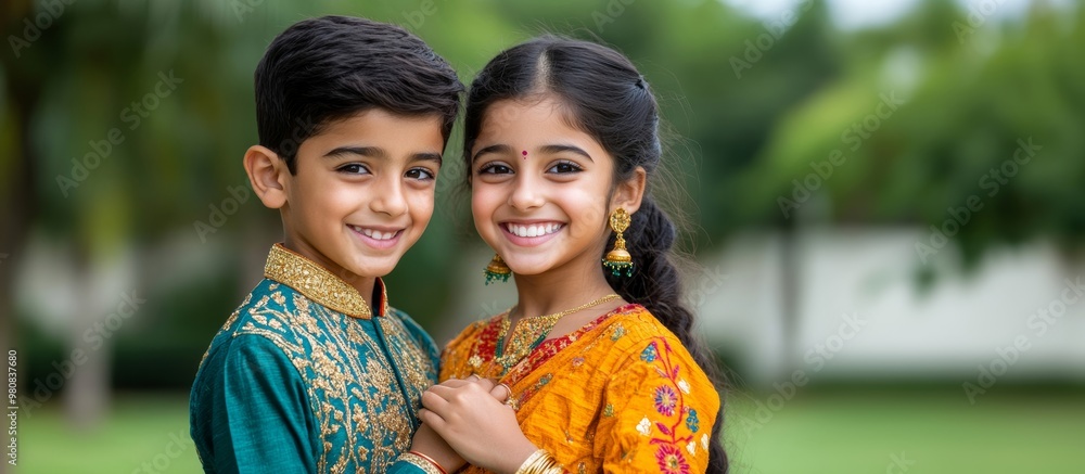 Poster Sister tying a protective thread (kalava) around her brother's wrist during Bhai Dooj, both smiling and dressed in colorful traditional attire 