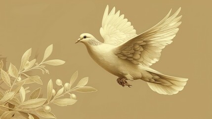 Obraz premium A graceful dove in flight against a soft beige background, surrounded by delicate olive branches. Generative AI