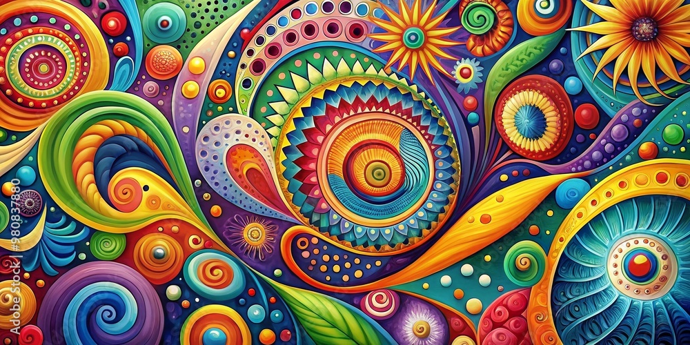 Poster vibrant colors burst forth in a dynamic abstract pattern of swirling shapes, geometric forms, and pl