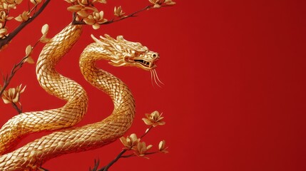 Obraz premium Golden dragon amidst branches on red