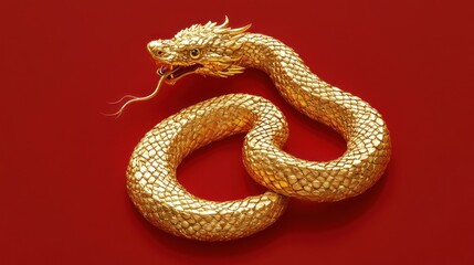 Obraz premium Golden serpent with dragon head on vivid red canvas